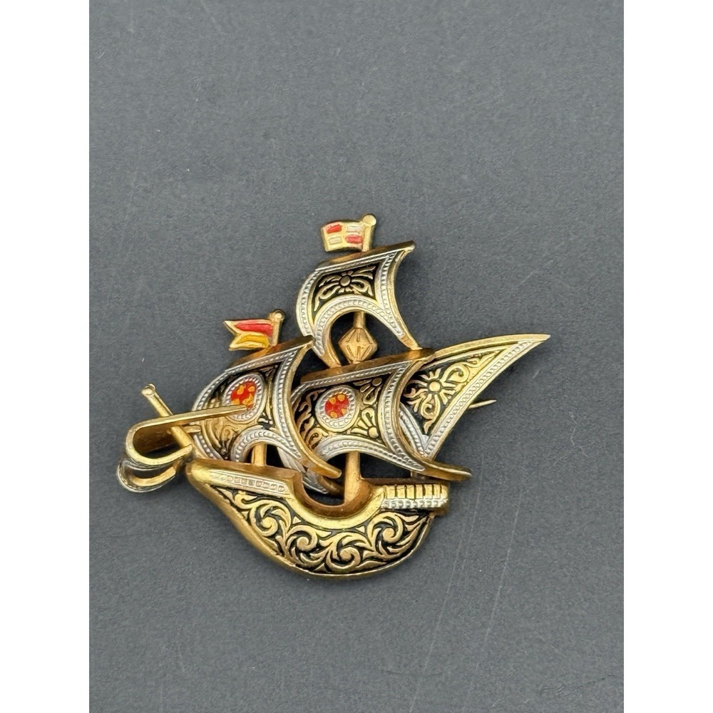 Vintage Damascene Spanish Sailing Boat Ship Brooch Pin marked  Spain 1960s